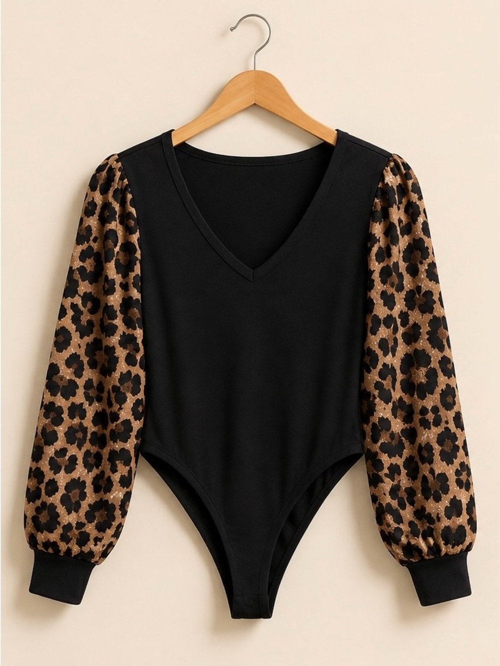 Black V-Neck Bodysuit with Leopard Puff Sleeves